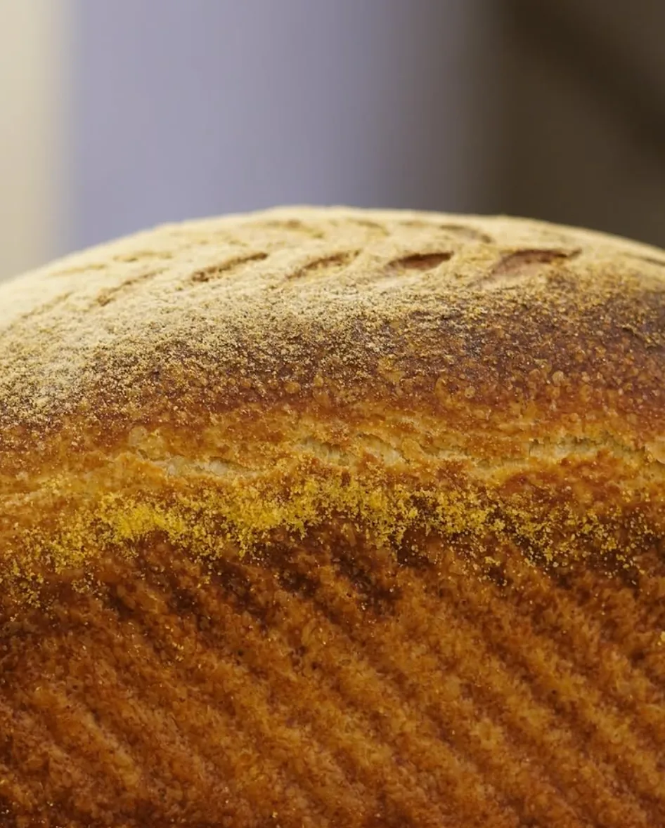 Detalhe da casca dourada de um pão de fermentação longa